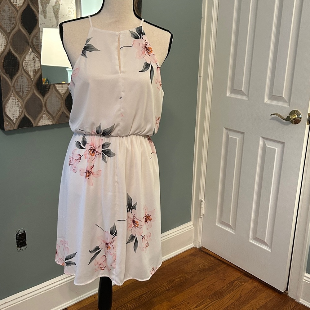 Lush White Floral Dress with lining. Partial open back.
